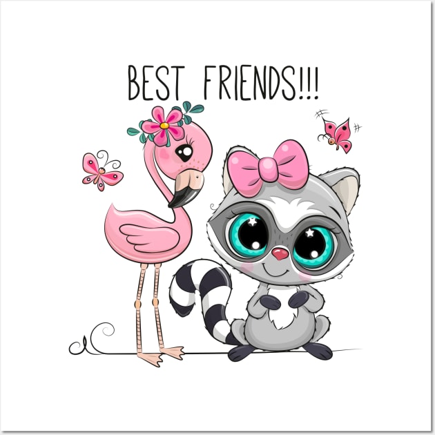 Cute raccoon and pink flamingo. Good friends are animals. Wall Art by Reginast777